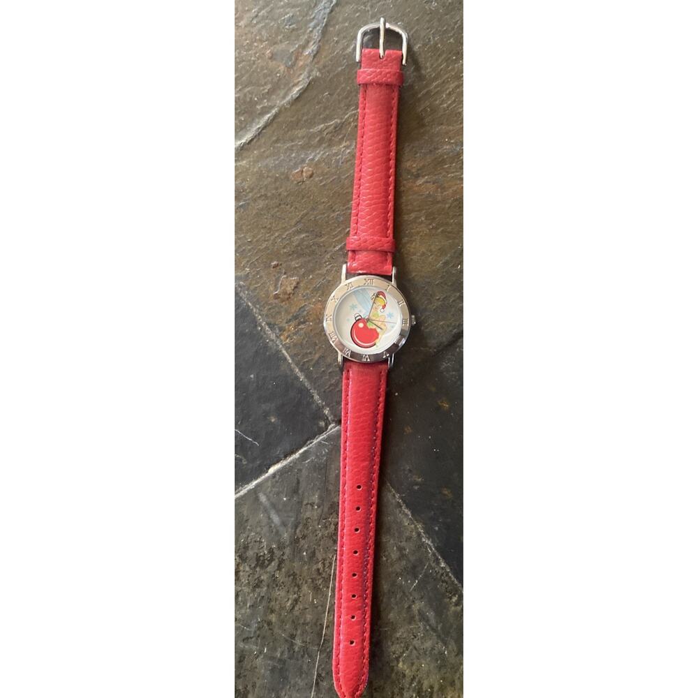 Christmas Theme Dial Silver Red Genuine Leather Band Watch Working New Battery